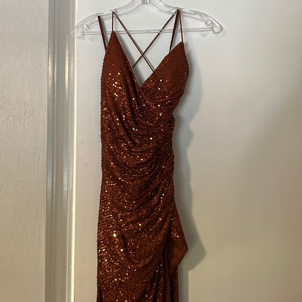 Rust colored sequin formal dress with slit on side (size 2)